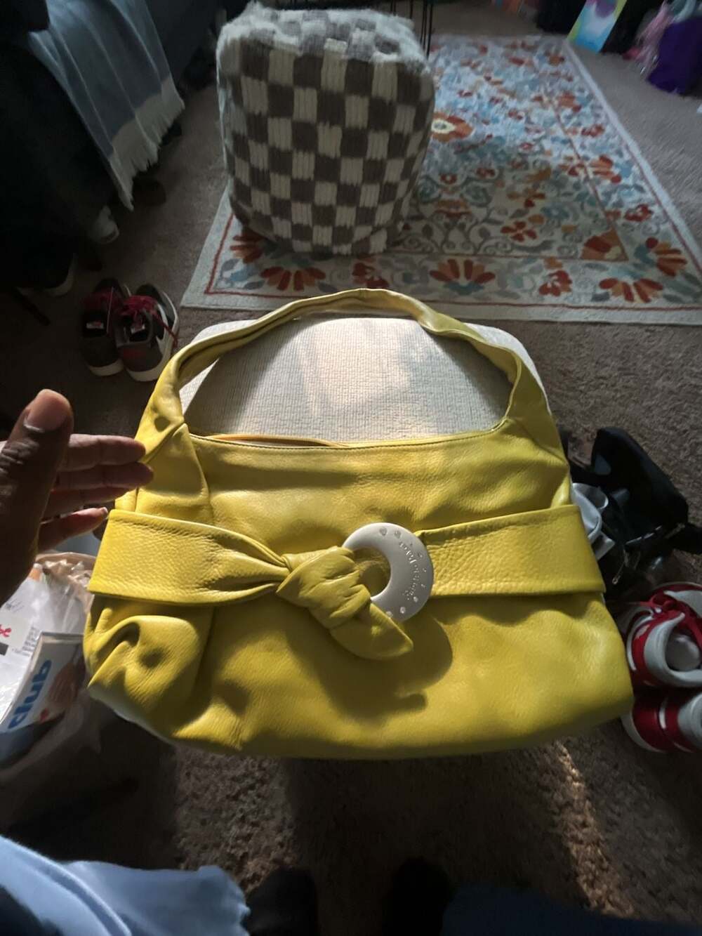 Fabrizio Poker Italian Yellow Genuine Leather Shoulder Bag with Rhinestone Detai